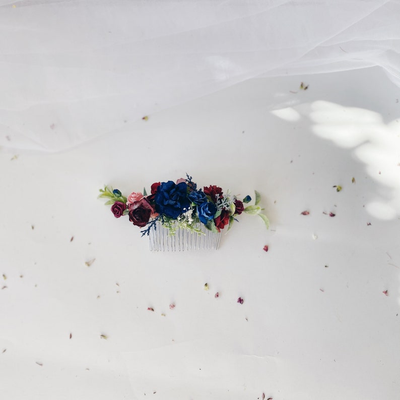 burgundy wedding hair piece navy and burgundy hair comb Navy burgundy hair comb deep red white flower hair navy red hairpiece