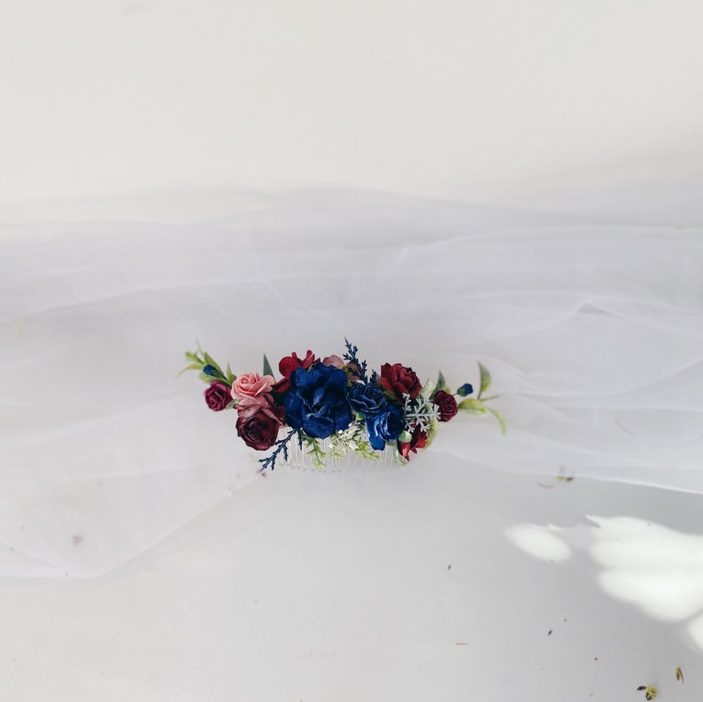 burgundy wedding hair piece navy and burgundy hair comb Navy burgundy hair comb deep red white flower hair navy red hairpiece