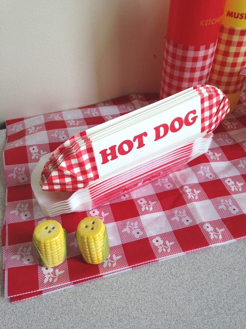 Hot Dog Red White Check Gingham Paper Holders Trays BBQ Cookouts Summer