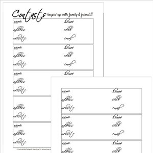 Peut inclure: Une liste de contacts imprimable avec des espaces pour écrire des noms, des adresses, des numéros de téléphone, des sites Web et des adresses e-mail. Le texte "Contacts keepin' up with family & friends!!" est en haut de la page.