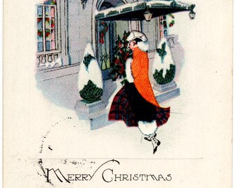 Vintage 1920s Christmas Postcard – Winter, Greeting Card, Merry Christmas, Christmas in the City (Used)