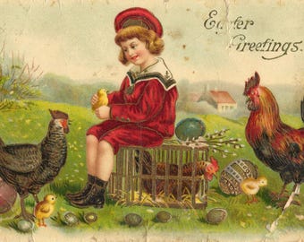 Vintage 1910s Easter Postcard – Chickens, Chicks, Rooster, Hen, Easter Eggs, Springtime (Used)