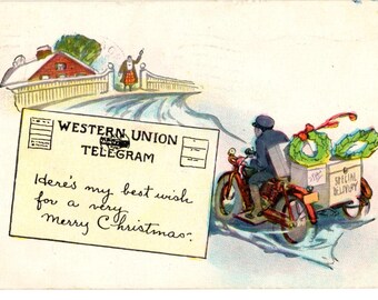 Vintage 1920s Christmas Postcard – Western Union, Telegram, Merry Christmas, Christmastime, Holiday Greeting (Used)