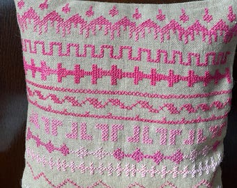 Hand-embroidered Burlap Throw Pillow Cover / Case - 16 in. square