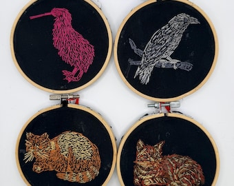 Kiwi, Crow or Cat - Mini Hand-sewn Embroidery in Hoop