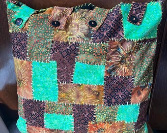 Boho Throw Pillow Cover / Case - 15 in. square - Upcycled Kantha Quilt Material
