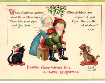 Vintage 1920s Christmas Postcard – Santa Claus, Mrs. Claus, Puppy, Kitten (Used)