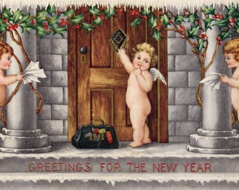 Vintage 1910s New Year's Postcard – Cupids, Happy New Year, Illustrated (Used)