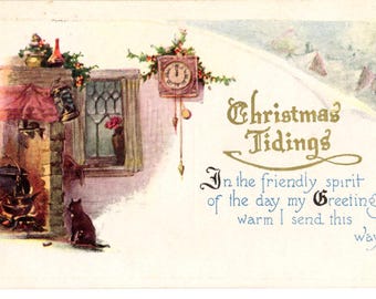 Vintage 1924 Christmas Postcard – Winter, Christmastime, Christmas Card, Merry Christmas, Black Cat (Used)
