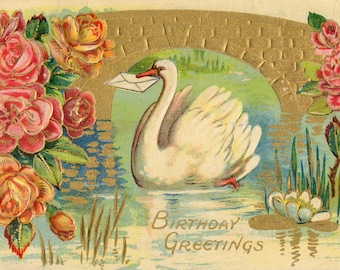 Vintage 1910s Birthday Postcard – Swan, Pond Scene, Illustrated, Happy Birthday (Used)