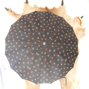 Vintage Silk Screened Flowered Theme Parasol, Black with Bakelite Handle Umbrella, c. 1950