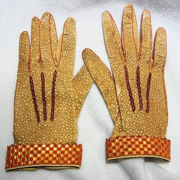 Antique French Dress Gloves, Shagreen / Galuchat Red and Gold Leather, Top Stitching, c. 1920