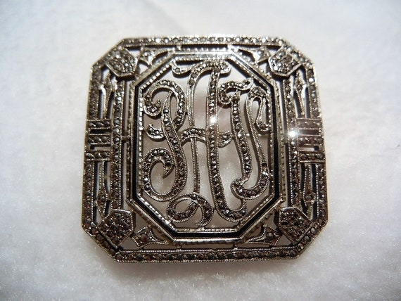 Vintage Sterling Silver Monogram Marcasite Jabot … - image 5