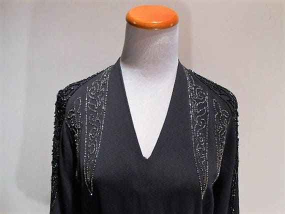 Vintage 1940 Dress, Beaded V-Neck Blue Grey Rayon