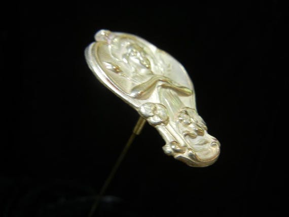 Antique Mucha Hat Pin in Sterling Silver, Lady of the Flowers / Lilies, c. 1900 View 3