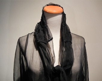 Antique Black Silk Sheer Crepe Robe, Negligee, or Lingerie Topper Cover Jacket, c. 1920