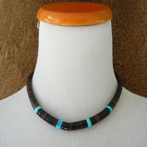 Vintage Turquoise and Brown Polished Heishi Worm or Snake Necklace, Santo Domingo, 16&quot;, c. 1978