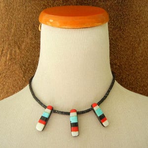 Vintage Turquoise Heishi Worm / Snake Necklace, Choker, Inlaid Accents, Santo Domingo, 15 3/4&quot;, c. 1979