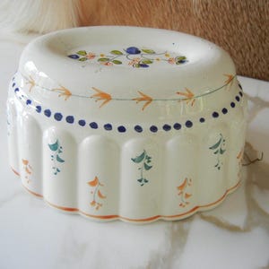 May include: An off-white ceramic fluted mold featuring a hand-painted floral pattern with orange and green sprigs, a blue dotted line, and a central botanical motif on the base. The oval-shaped dish has a scalloped edge and a glossy finish.