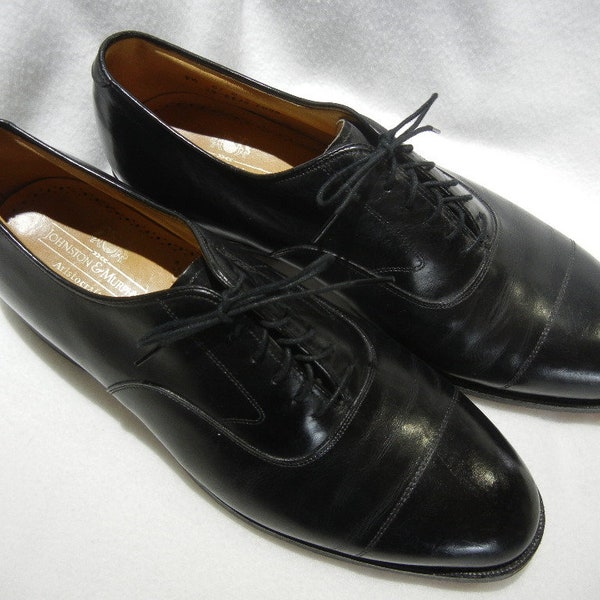 Vintage Johnston and Murphy Black Aristocraft Men's Cap Toe Oxford Shoes, Size 9 1/2 E, Made in USA, c. 1980