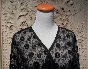 Antique Edwardian Black Floral Lace Jacket, Tasseled, c. 1910