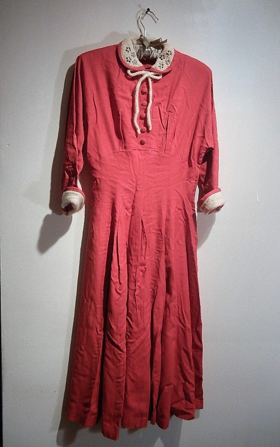 Vintage 1930's Red Wool Christmas Dress, With Rhi… - image 2