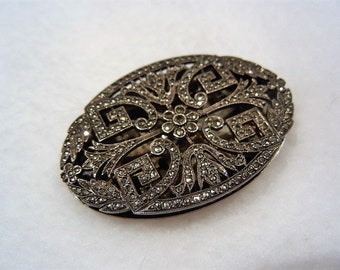 Antique French Sterling Silver Dress Clip, Set with Marcasites, c. 1910