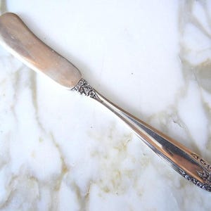 May include: Silver butter knife with a wide, rounded blade and a long, slender handle. The handle features an ornate floral design near the blade. The knife is set against a white and tan marble surface.