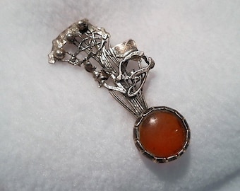 Vintage Sterling Pin, Sterling Silver and Carnelian Modernist Brutalist Pin, c. 1960