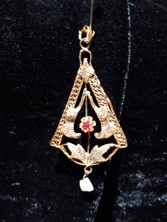 Antique Pendant 14K Gold and Ruby Pendant Lavaliere, c. 1920