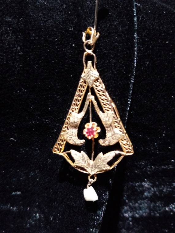 Antique 14K Gold and Ruby Pendant Lavaliere, c. 19