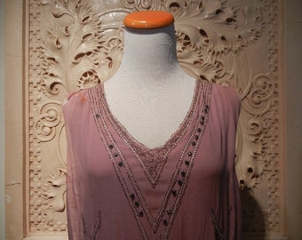 Antique Flapper Dress, Blush Pink Silk, Hand Beaded, for Repair, Study or Repurpose, c. 1920