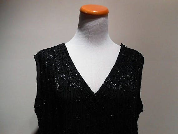 Antique Waterfall Black Silk Crepe Hand Beaded V-… - image 1