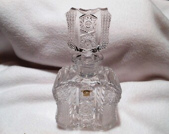 Vintage Perfume Bottle, Czech Crystal, Guitar Shaped Body, Hand Cut, Gold Paper Label, c. 1930