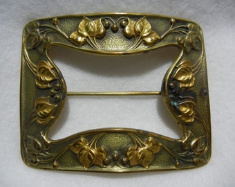 Big Antique Art Nouveau Sash Pin or Brooch or Belt Buckle, Stamped Brass, Ivy and Berries, c. 1918