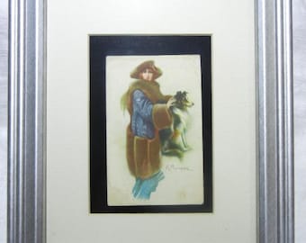 Antique Postcard, Italian Lady and Collie, Unframed, c. 1910 - 1920