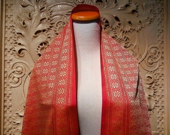 Vintage Silk Shawl Scarf With Fringe, Japanese Silk, Orange Red Gold Woven, c. 1990