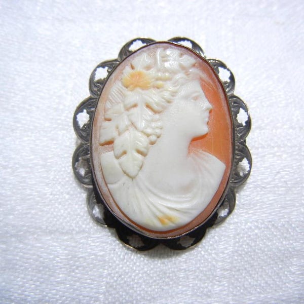 Antique Shell Cameo Sterling Silver Brooch, Bacchus or Dionysus, c. 1930