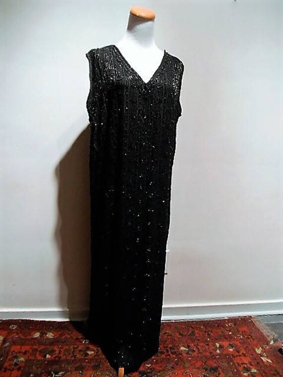 Antique Waterfall Black Silk Crepe Hand Beaded V-… - image 4