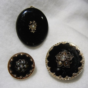 Victorian Mourning Jewelry, Two Pins and a Locket, c. 1870