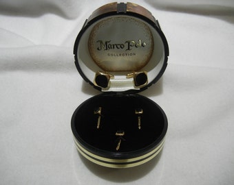 Vintage Marco Polo Black Enamel and Gold Tone Tuxedo Studs and Cufflinks in Orignal Lucite Box, c. 1970