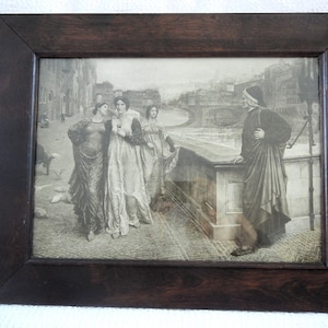 Antique Etching: Dante and Beatrice, Ponte Vecchio, Florence, c. 1883