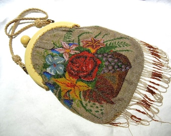 Antique Micro Beaded Bag Purse, Lilies, Grapes, and Roses, Celluloid Frame, c. 1900