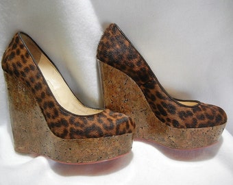 Vintage Christian Louboutin Coroclic Leopard Print Calf Hair Leather and Cork High Heels, US 6.5