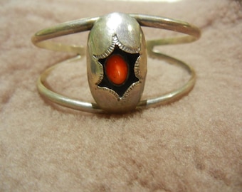 Vintage Sterling Silver & Coral Cabochon Bracelet, Navajo, c. 1980's