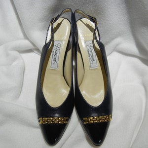 Vintage Rangoni Slingbacks: Navy Leather Gold Accent, Made in Italy, 7AA