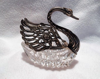 Antique Continental Silver 835 and Crystal Salt Cellar, Master Salt, Reticulated Winged Swan, c. 1900