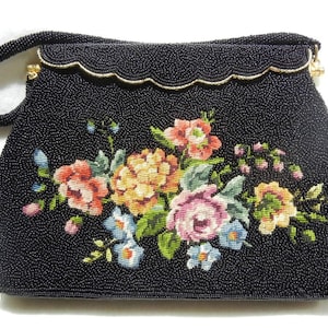 Vintage Black Beaded Purse with Petit Point Roses, c. 1960
