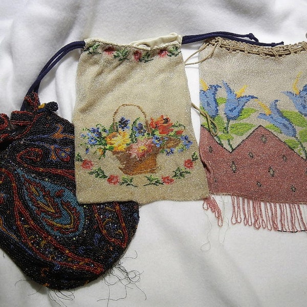 Lot of 3 Victorian, Edwardian and Art Deco Beadwork Beaded Purses, Use, Repair or Repurpose, 1890 to 1930