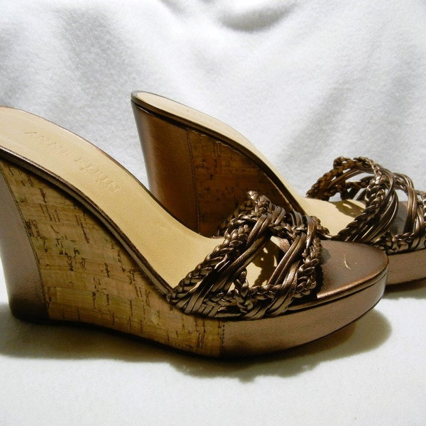 Vintage Anne Klein Gold Leather and Cork Wedge Sandals, Size 7, Never Worn, c. 2000